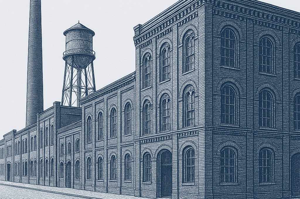 Engraved illustration of red-brick tobacco warehouses with a smokestack and a water tower