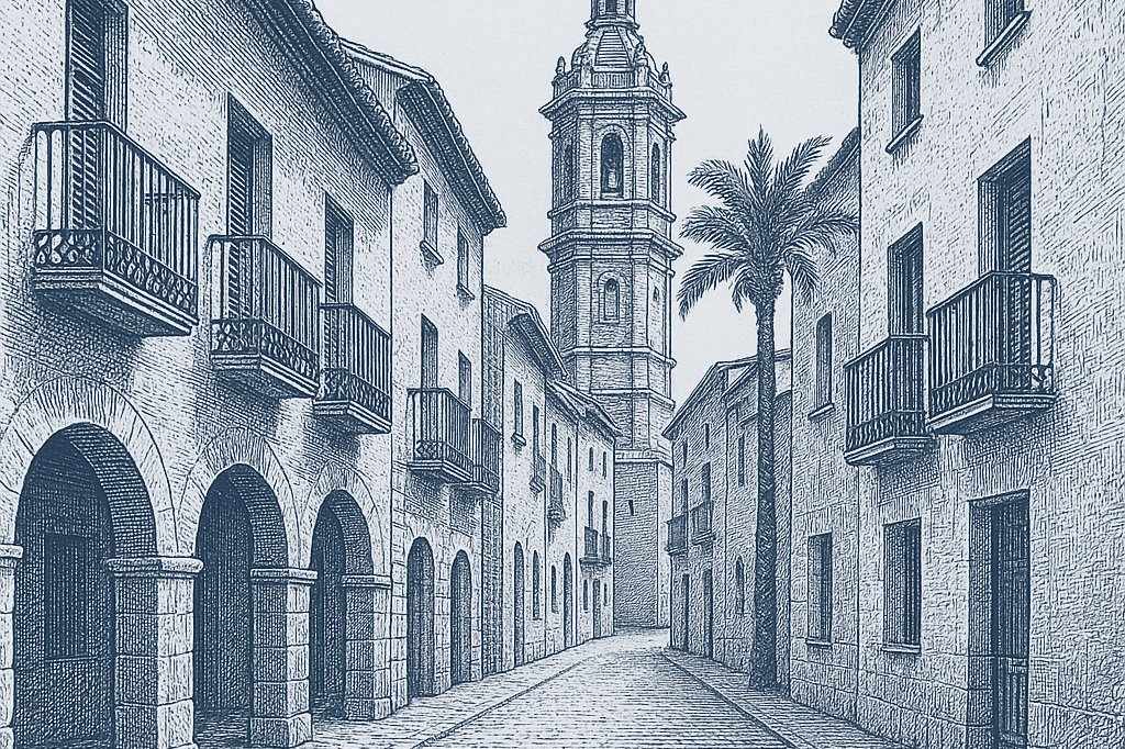 Engraved illustration of an old-town street in Valencia with arches, balconies and a bell tower