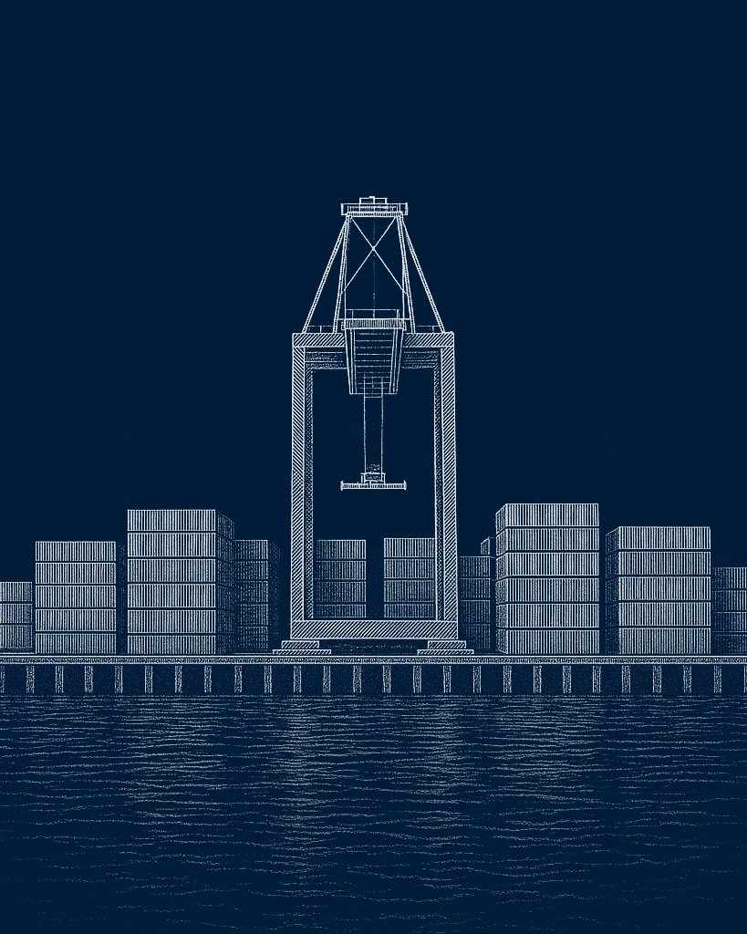 Engraved illustration of a container port with a gantry crane