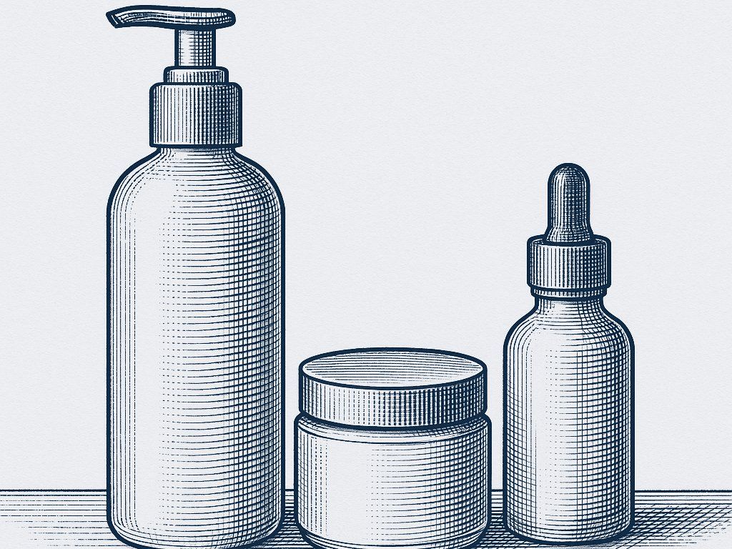 Engraved illustration of three cosmetic containers