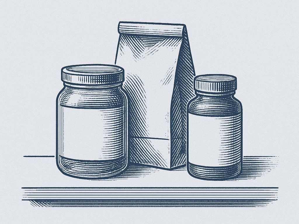 Engraved illustration of a jar, a coffee bag and a supplement bottle