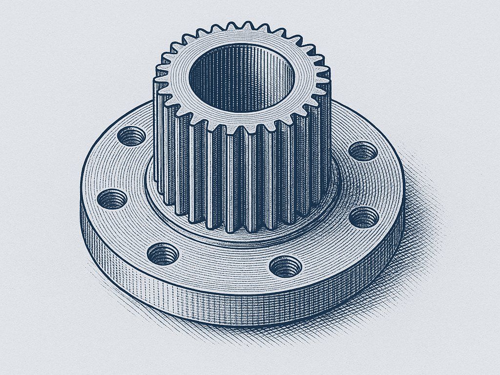 Engraved illustration of a machined flange and gear