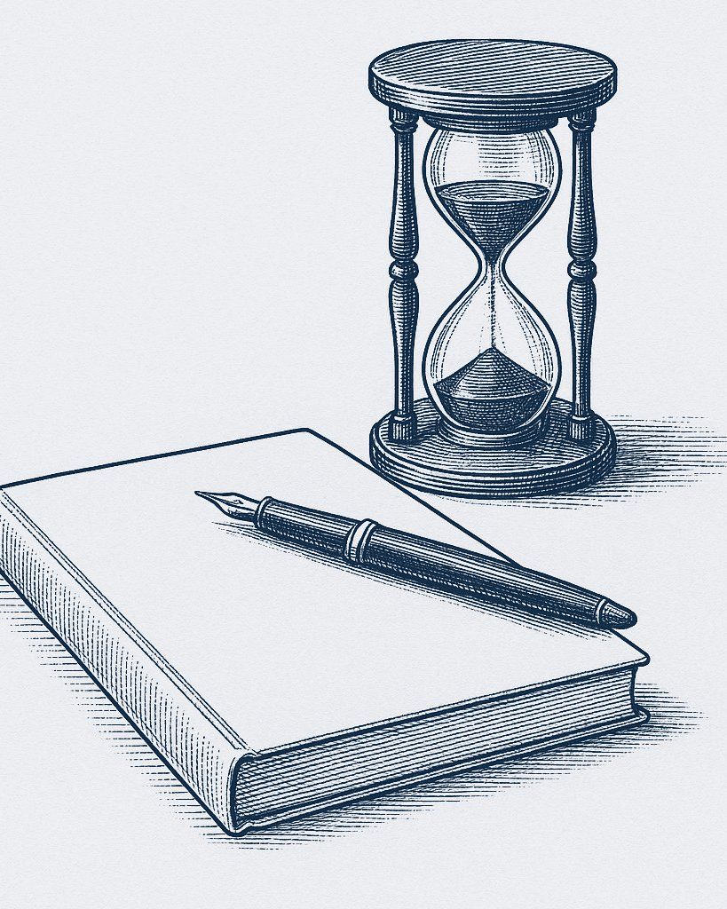 Engraved illustration of a bound report, a fountain pen and an hourglass
